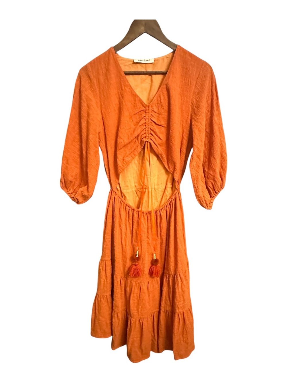 Anthropologie Blue Tassel Maxi Dress Boho Country Cutout XS Festival